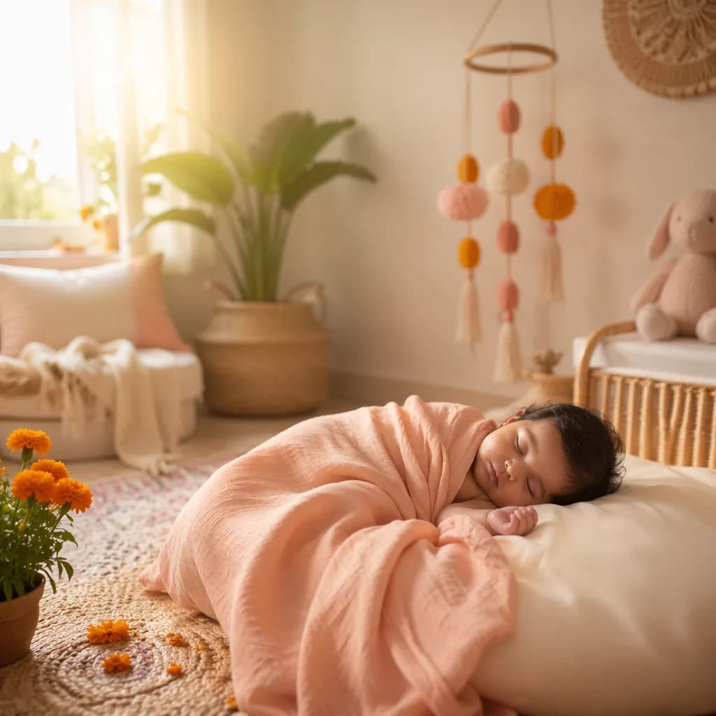 A peaceful baby in a pastel nursery with soft morning light and warm Indian-inspired accents.