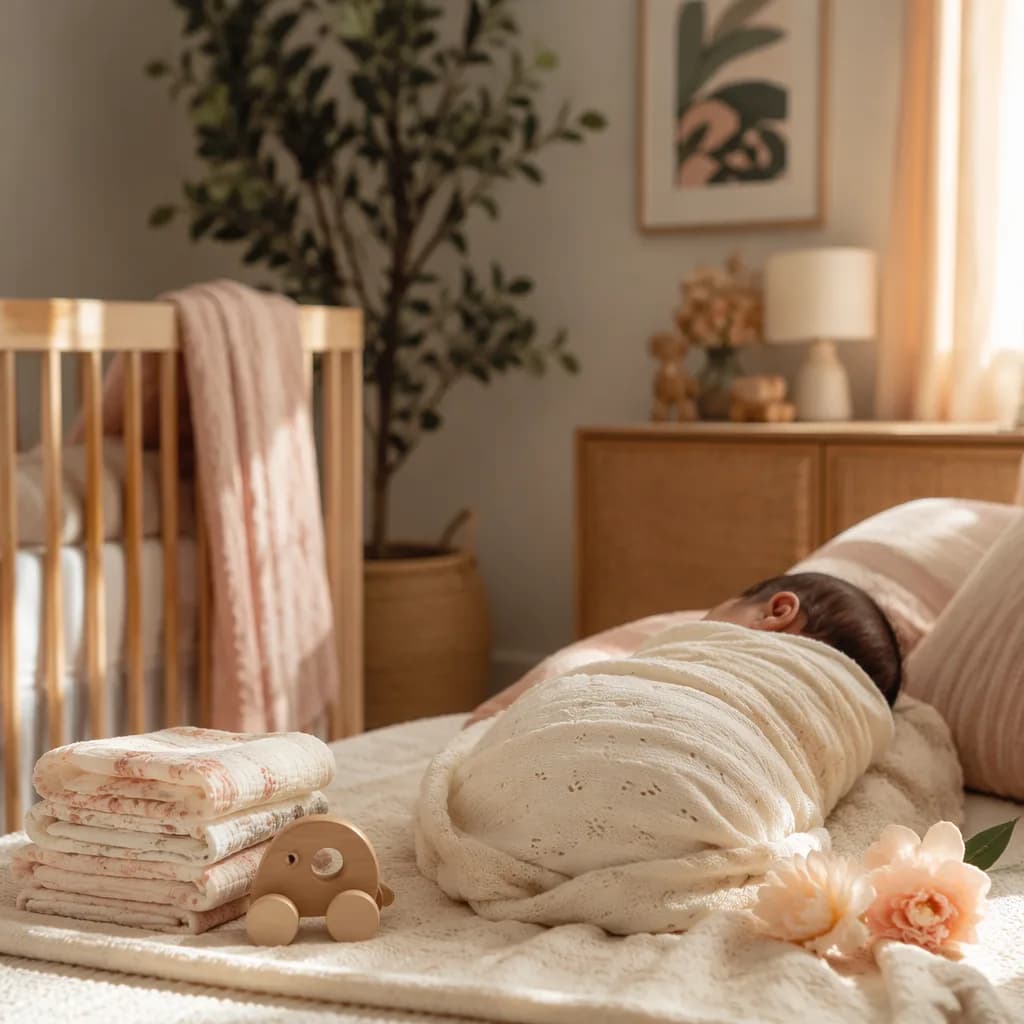 A serene Punjabi-inspired nursery scene with a peacefully wrapped baby in soft pastel light.