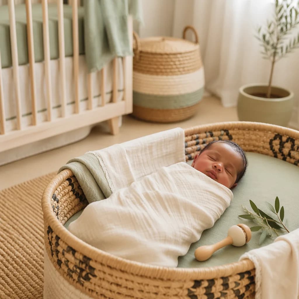 Peaceful Swahili-inspired nursery with a sleeping baby in soft natural light