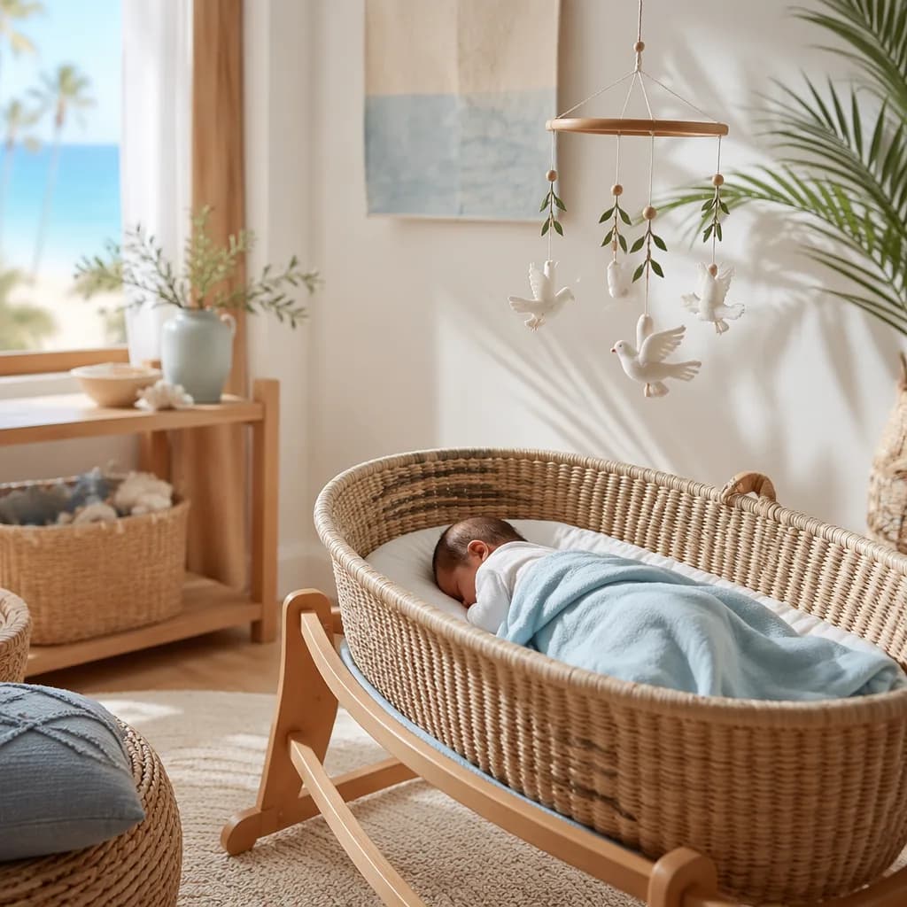 Peaceful pastel nursery with a sleeping baby in a woven bassinet, inspired by the name Suleiman.