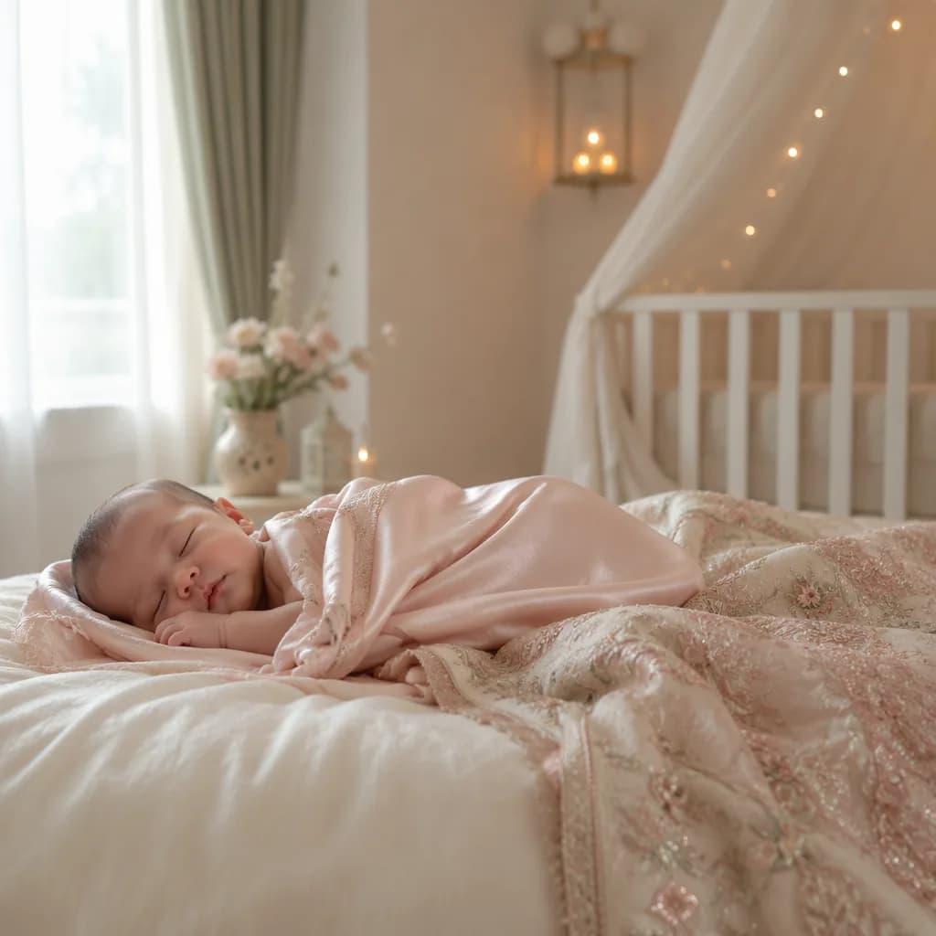 A peaceful nursery scene with a sleeping baby wrapped in soft pastel silk fabric.