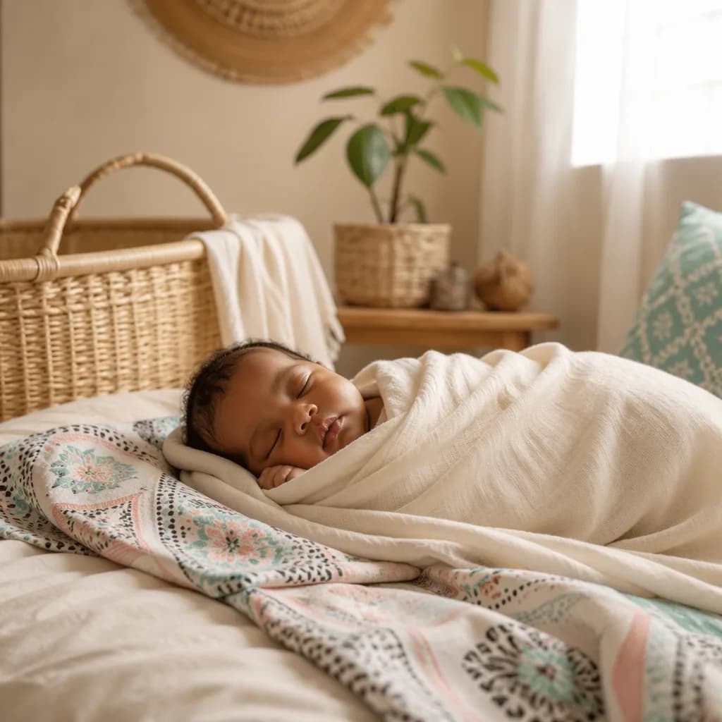 Sleeping baby in a soft Swahili-inspired nursery with warm natural light.