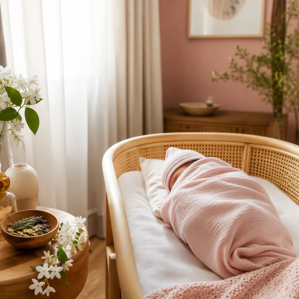 A softly swaddled baby in a warm pastel nursery with gentle flowers and natural light.