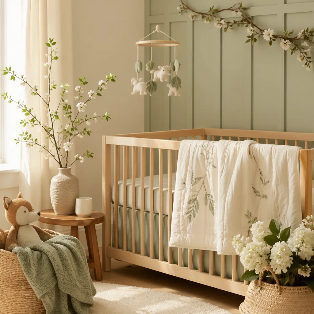 Soft woodland-inspired nursery in gentle pastel light for the name Sylvie Katherine.