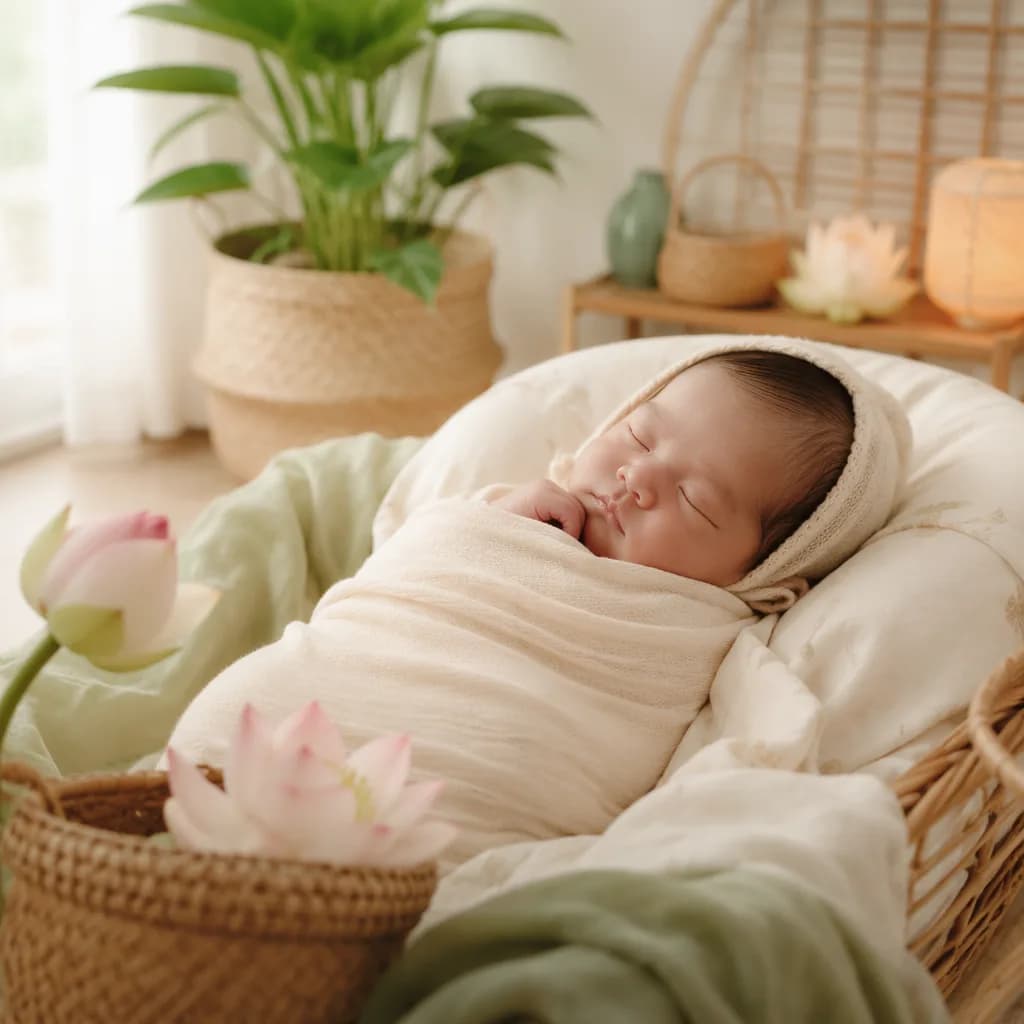 Sleeping newborn in a soft Vietnamese-inspired nursery with lotus flowers and warm natural light