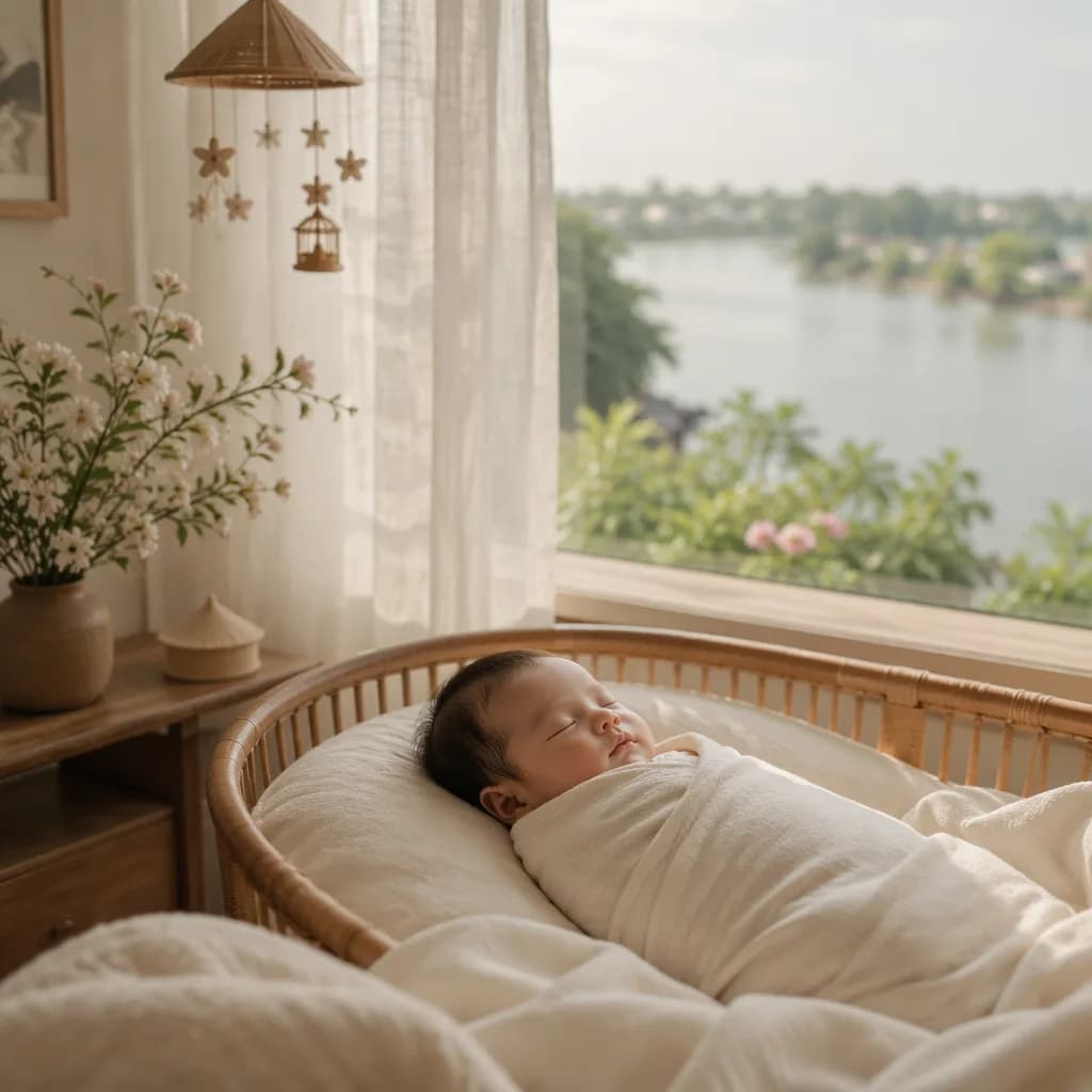 A peaceful swaddled baby in a soft pastel nursery with blossoms and gentle river-inspired light.