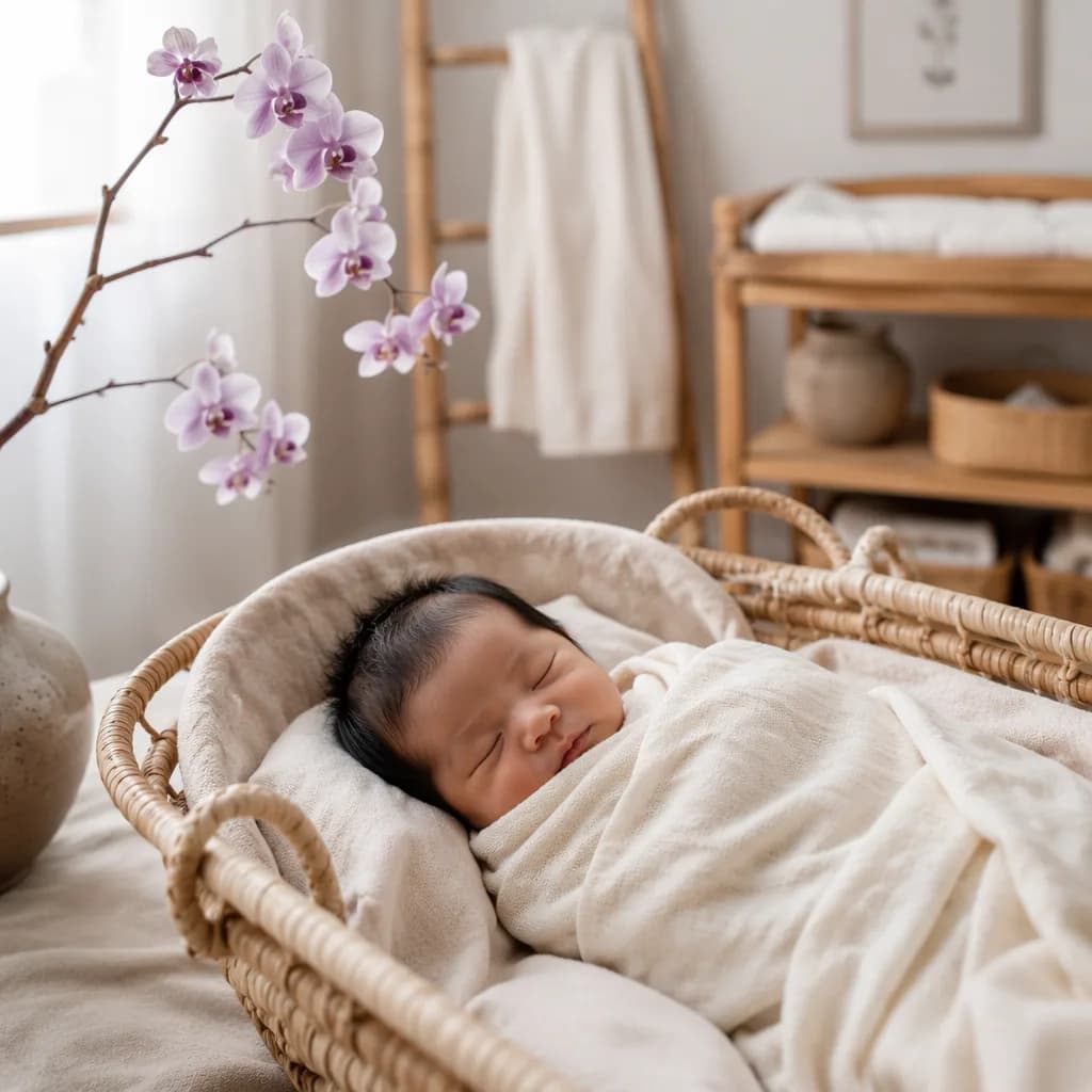 Peaceful Vietnamese baby nursery with a swaddled newborn and delicate orchid branch.