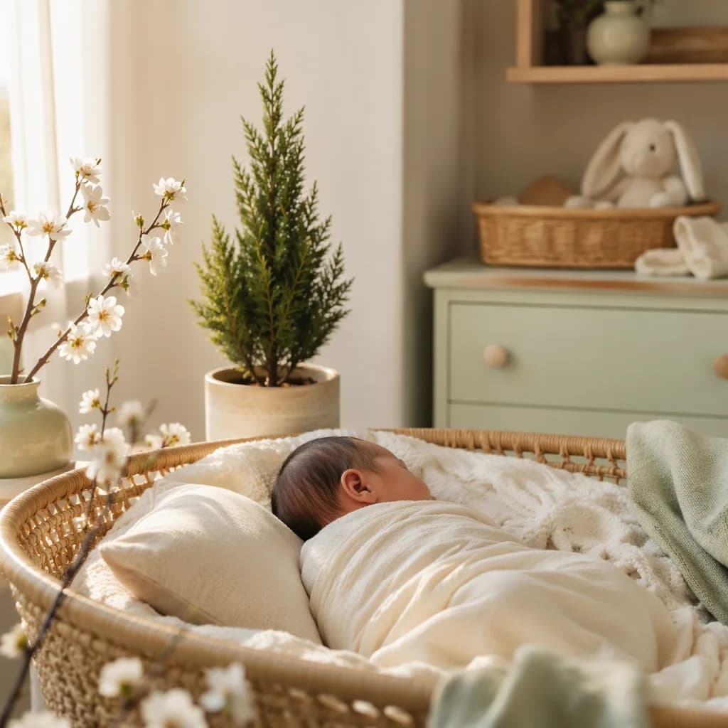 Sleeping Vietnamese newborn in a soft pastel nursery with spring blossoms and a small evergreen plant.
