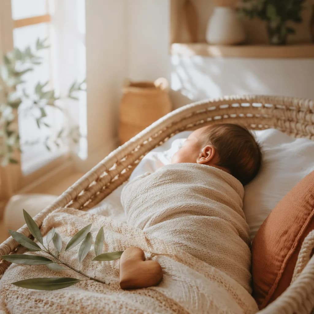 Peaceful Spanish nursery scene with a swaddled baby, wooden heart charm, and soft olive branch in warm natural light.