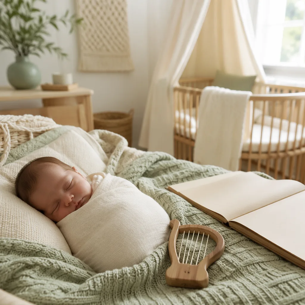 Cozy Irish-inspired nursery with a swaddled sleeping baby and soft storytelling details