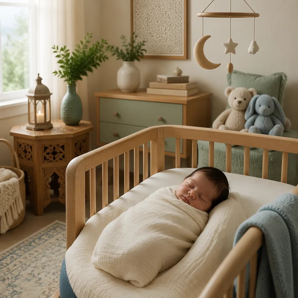 Sleeping baby in a soft pastel Urdu-inspired nursery with crescent mobile and cozy decor.