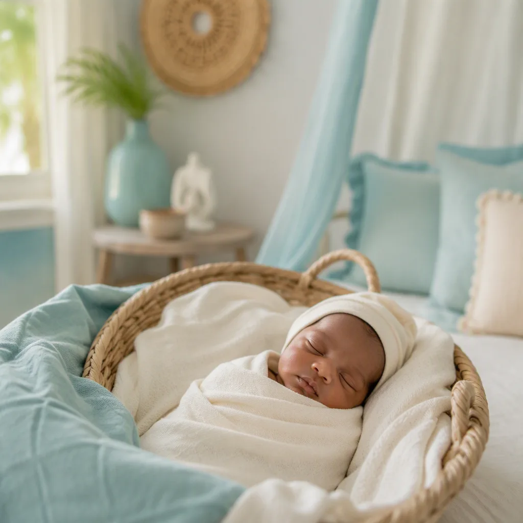 A swaddled newborn in a softly lit nursery with gentle coastal-inspired accents.