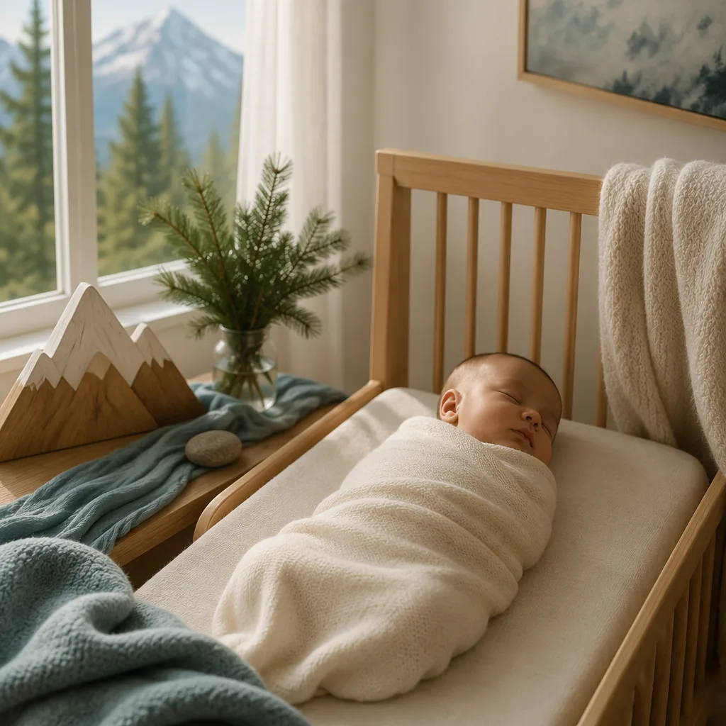 Sleeping baby in a cozy pastel nursery with subtle mountain and water-inspired decor.