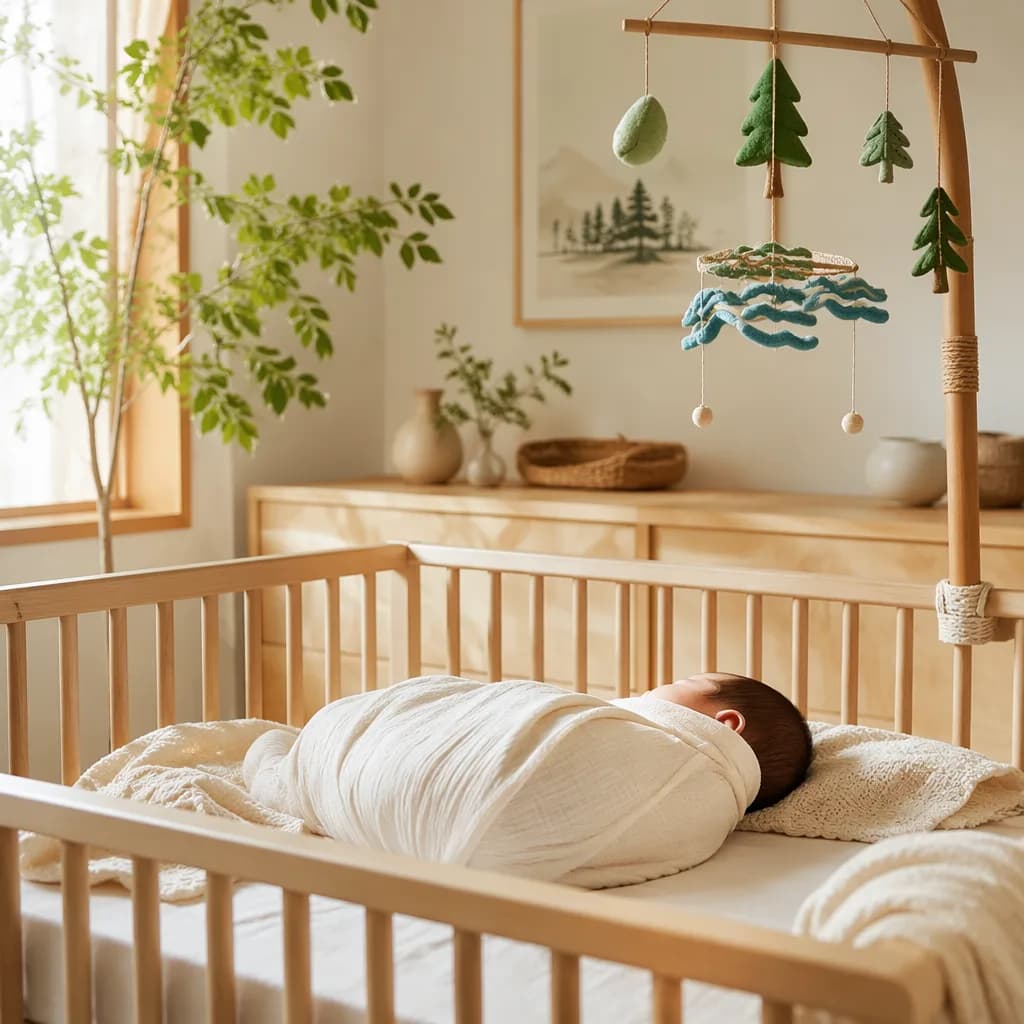 Sleeping newborn in a soft Japanese-inspired nursery with gentle summer river and nature motifs.