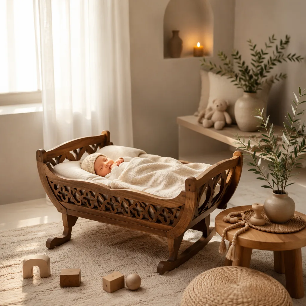 Soft pastel nursery with a sleeping swaddled baby, handcrafted wooden cradle, and olive branch.