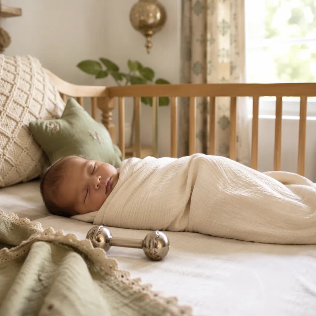 A peaceful baby sleeping in a warm pastel nursery with a small metal keepsake rattle.