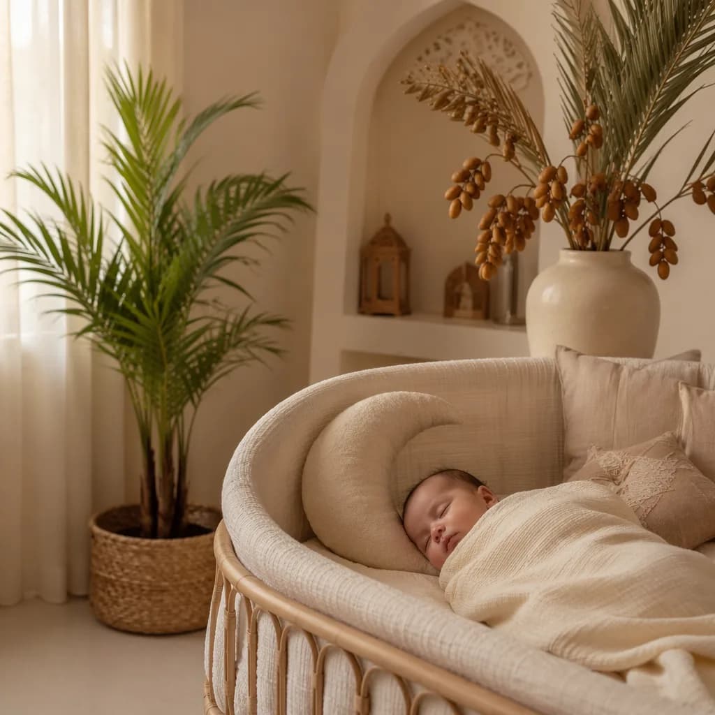 A serene pastel nursery with a swaddled baby, young palm, and date branch accents.