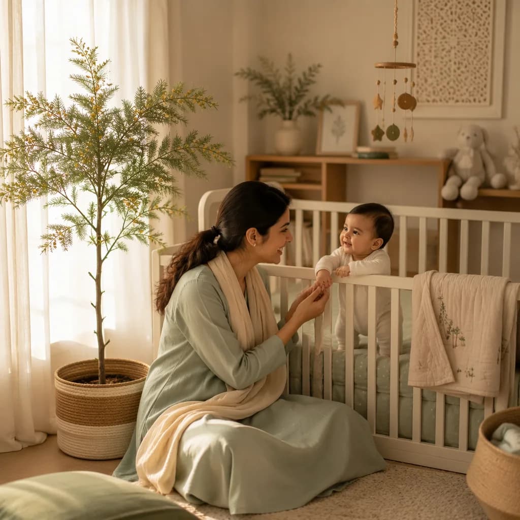 Cozy pastel nursery with a crib and a small fruit-bearing sapling in gentle natural light.