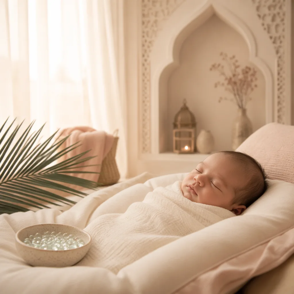 Sleeping newborn in a soft pastel nursery with gentle Arabic-inspired details.