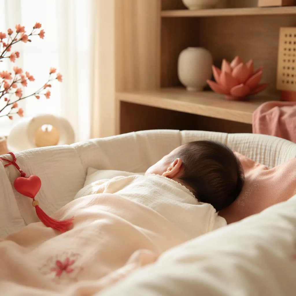 Sleeping baby in a soft pastel nursery with warm red heart-inspired accents.