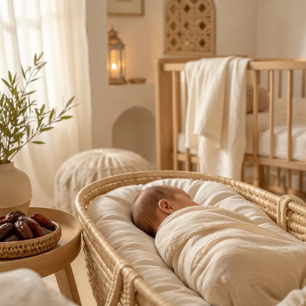 Sleeping newborn in a warm pastel Arabic-inspired nursery with dates and cozy linen details.