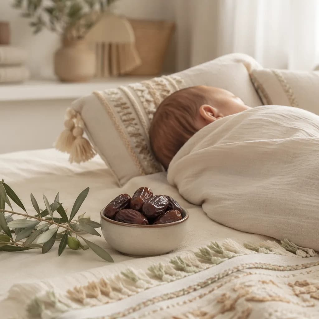 A softly lit Arabic-inspired nursery with a swaddled baby, dates, and gentle Levantine decor.