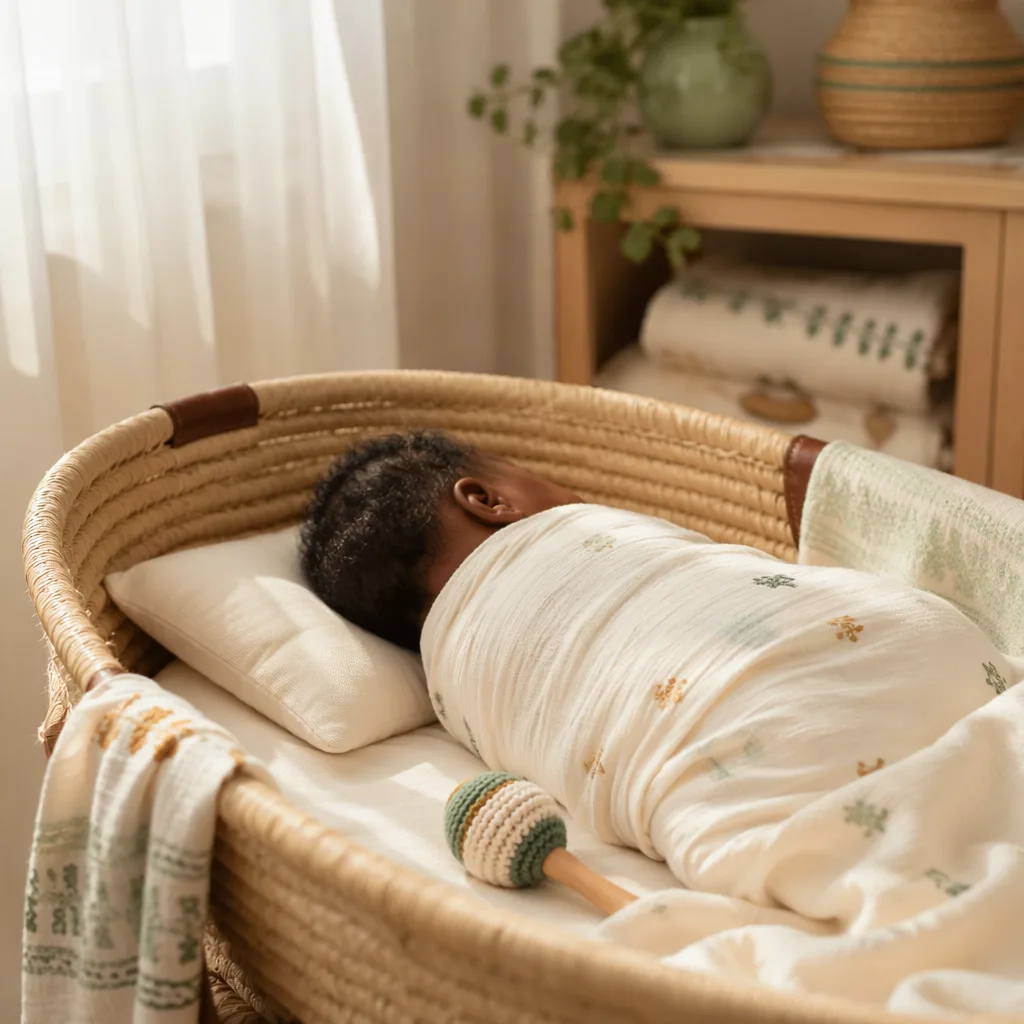 A peaceful Nigerian newborn sleeping in a soft pastel nursery with warm natural light and woven accents.