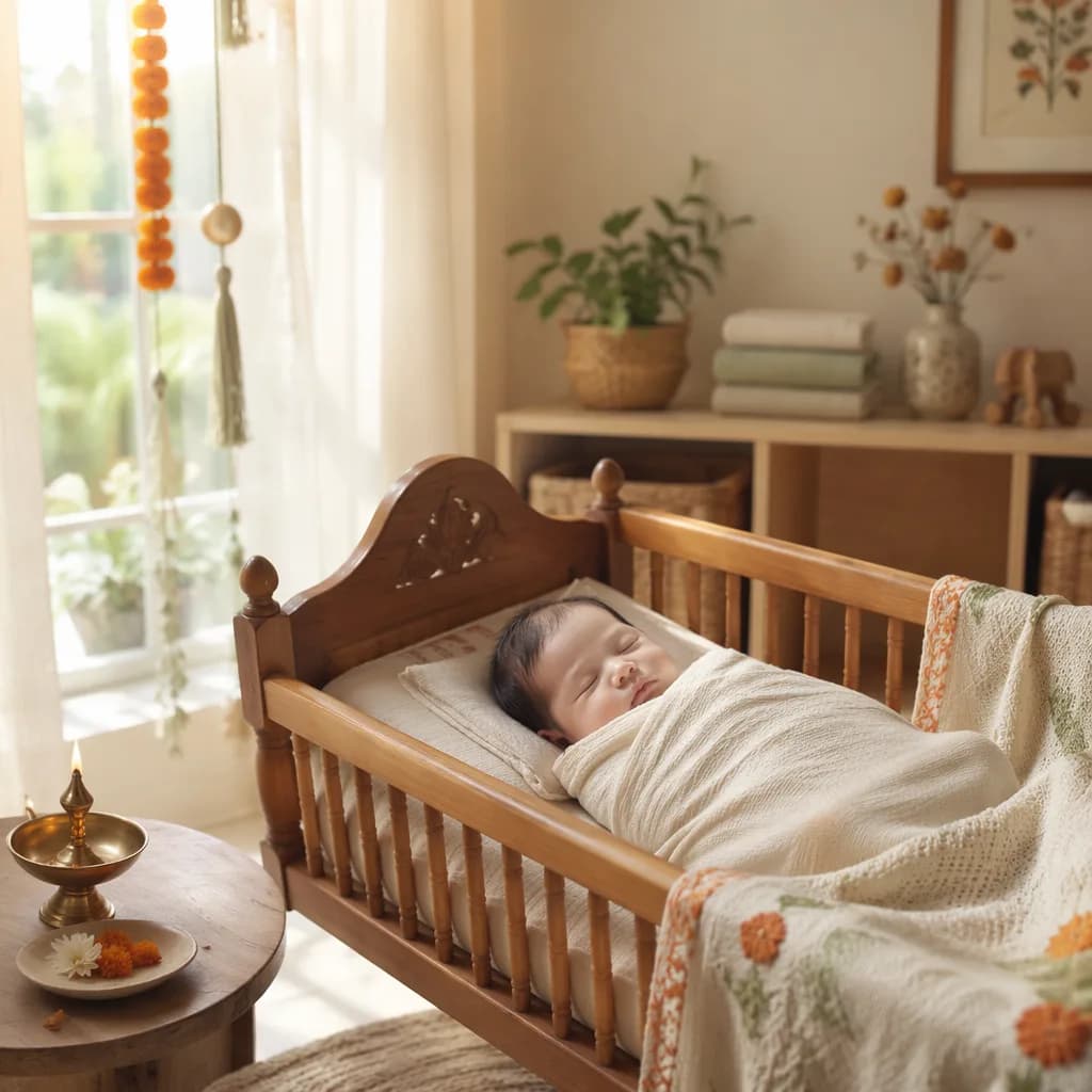 A peacefully sleeping newborn in a soft pastel nursery with gentle Indian-inspired accents.