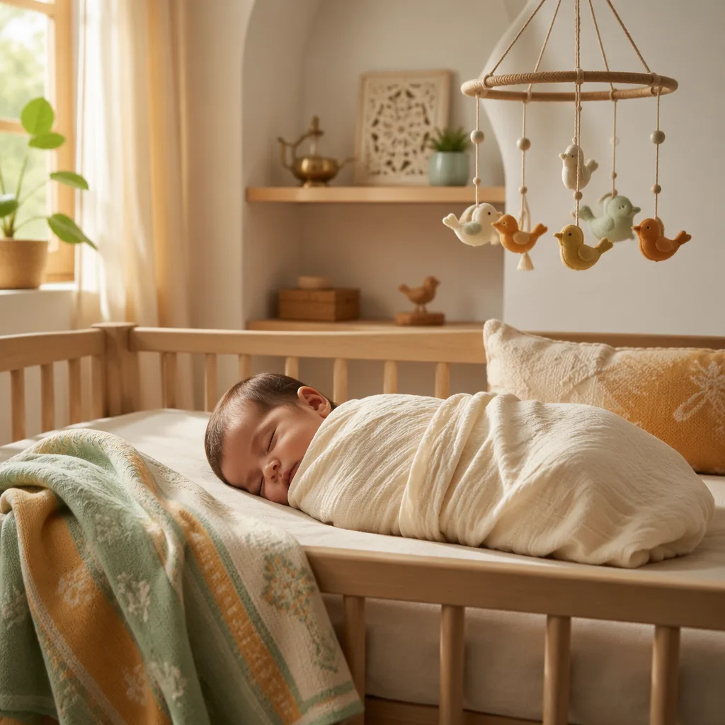 Soft pastel nursery with a swaddled sleeping baby and gentle Indian-inspired decor.