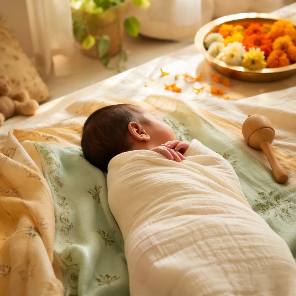 A softly lit cozy nursery with a swaddled baby boy and gentle Indian-inspired pastel details.