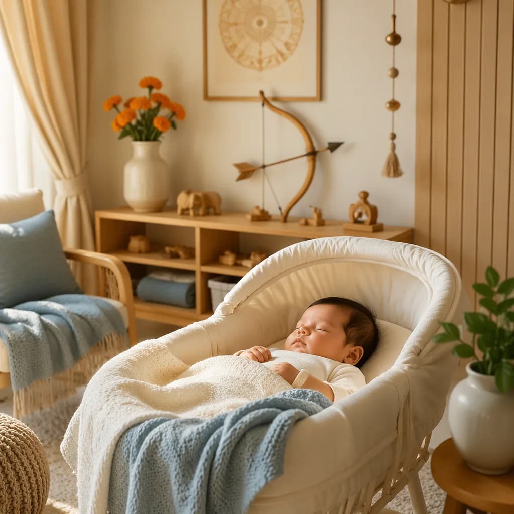 Peaceful baby sleeping in a pastel nursery with subtle Indian-inspired decor.