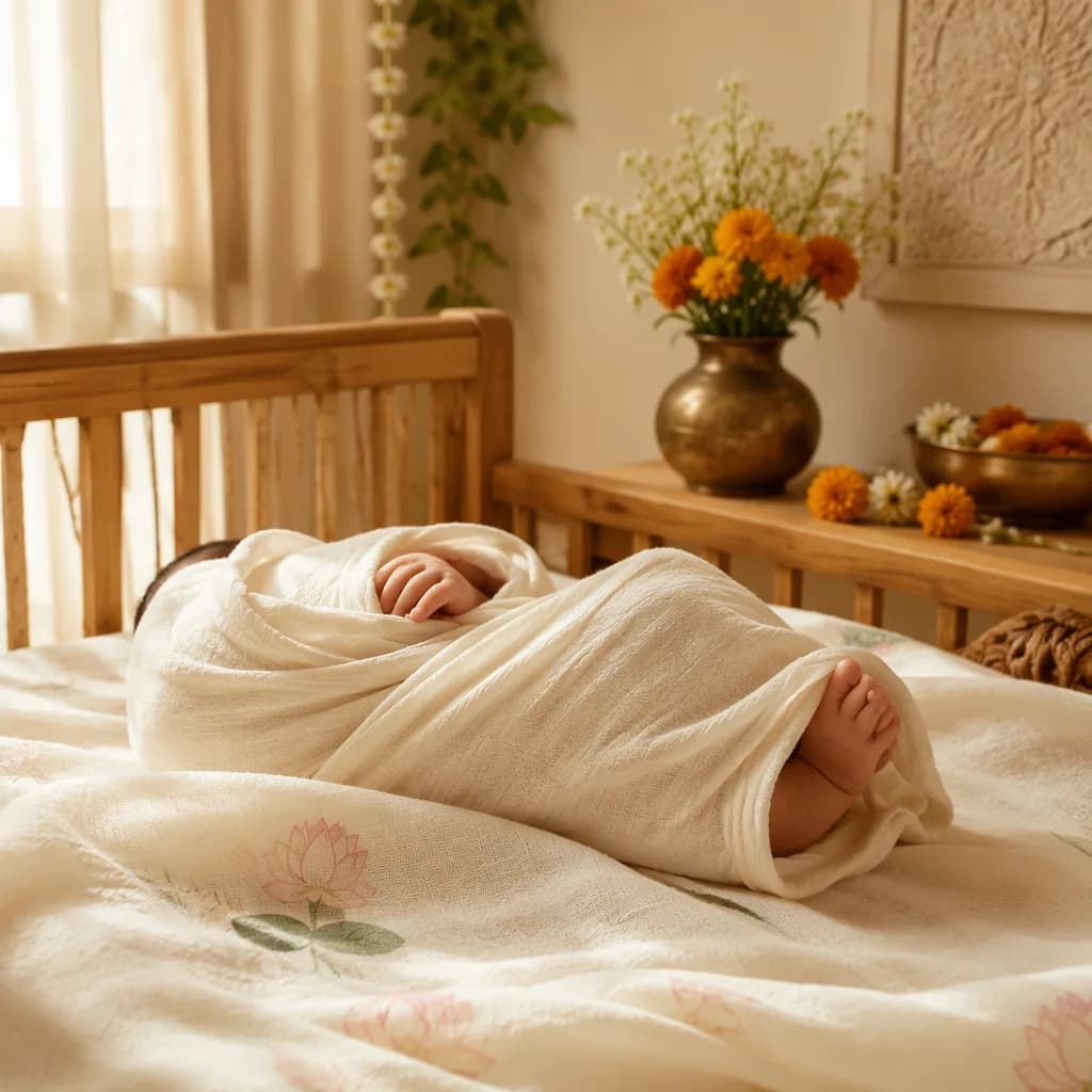 A peaceful swaddled baby in a warm pastel nursery with soft Indian-inspired accents.
