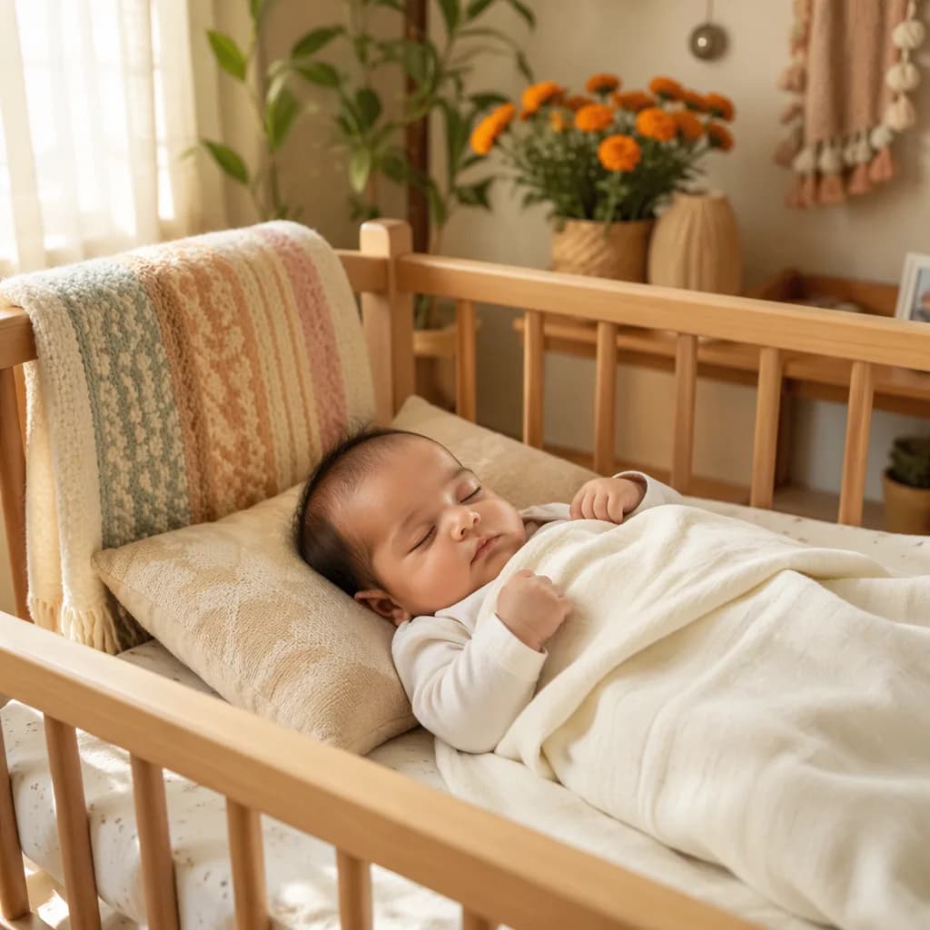 A peacefully swaddled baby in a warm, pastel modern nursery with subtle Indian-inspired accents.