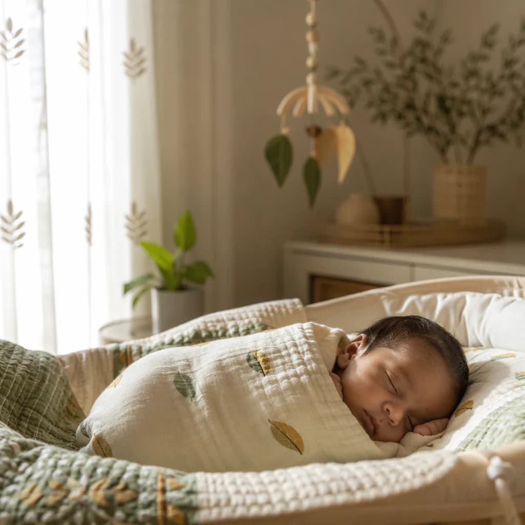 A peaceful Bengali-inspired nursery with a sleeping newborn in soft natural light.