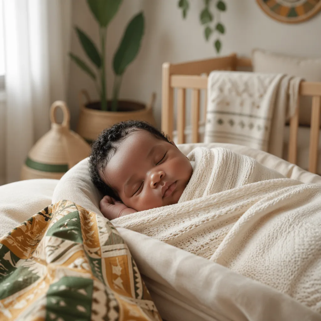 Sleeping newborn in a warm Yoruba-inspired nursery with soft pastel blankets and gentle natural light