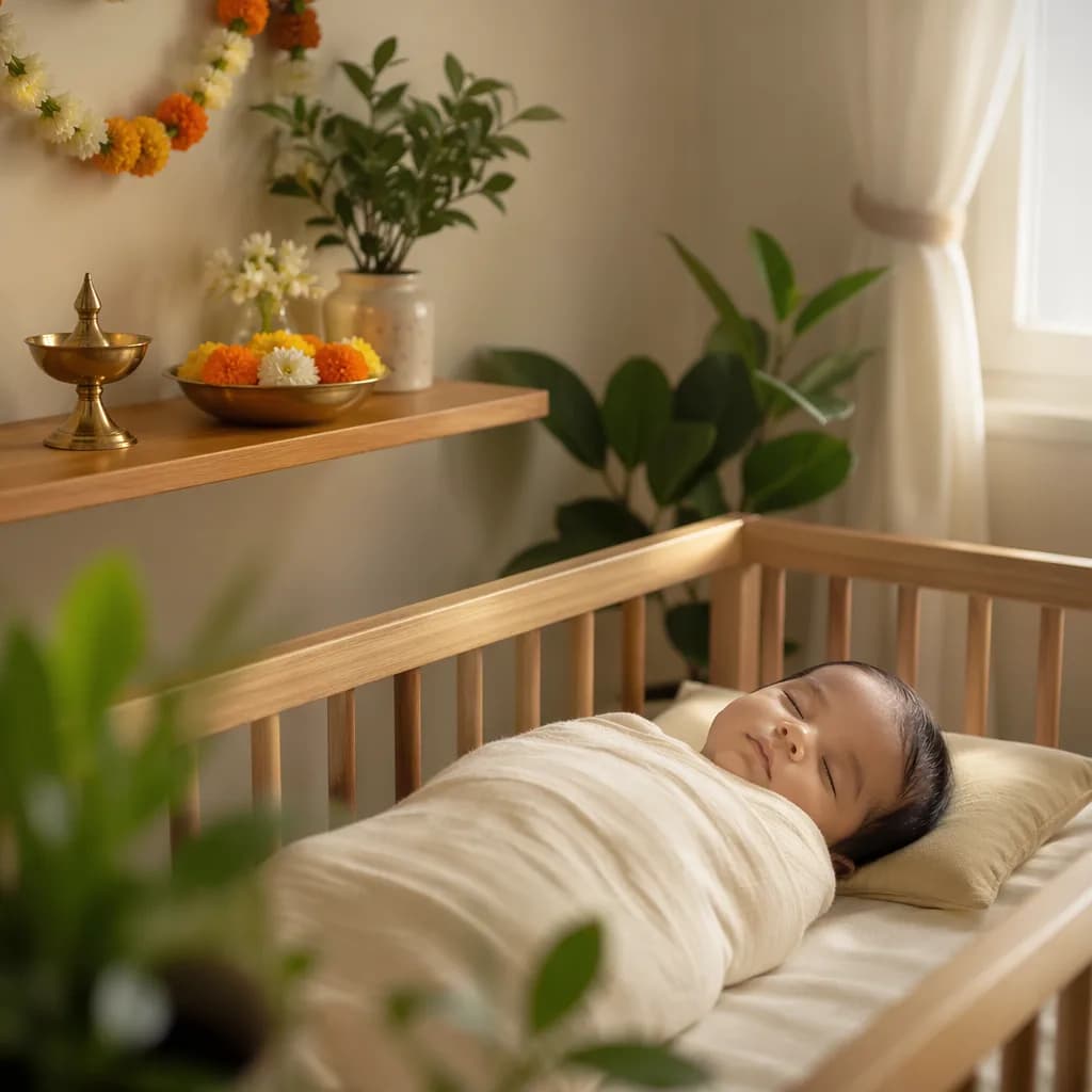 A peaceful swaddled baby in a warm pastel nursery with gentle Indian-inspired details.