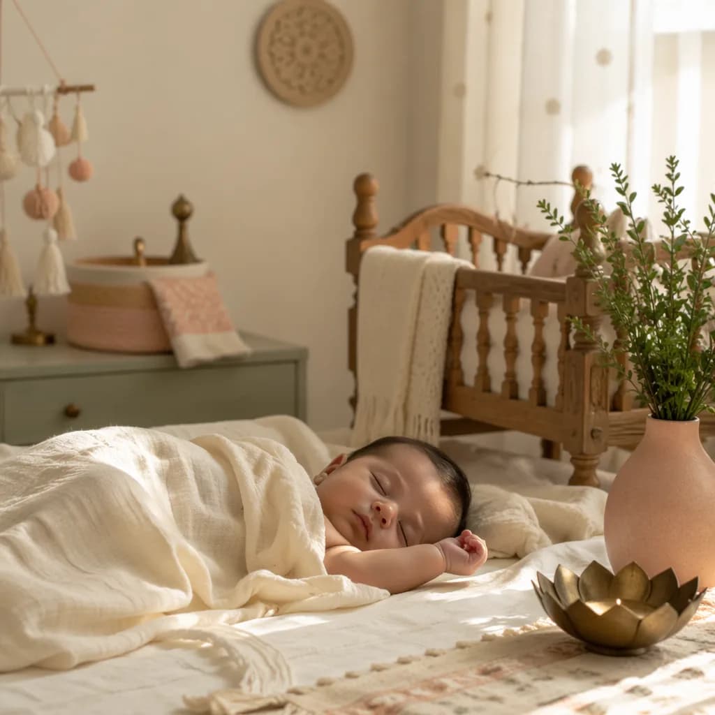 A peaceful baby in a soft pastel nursery with subtle Indian-inspired decor.