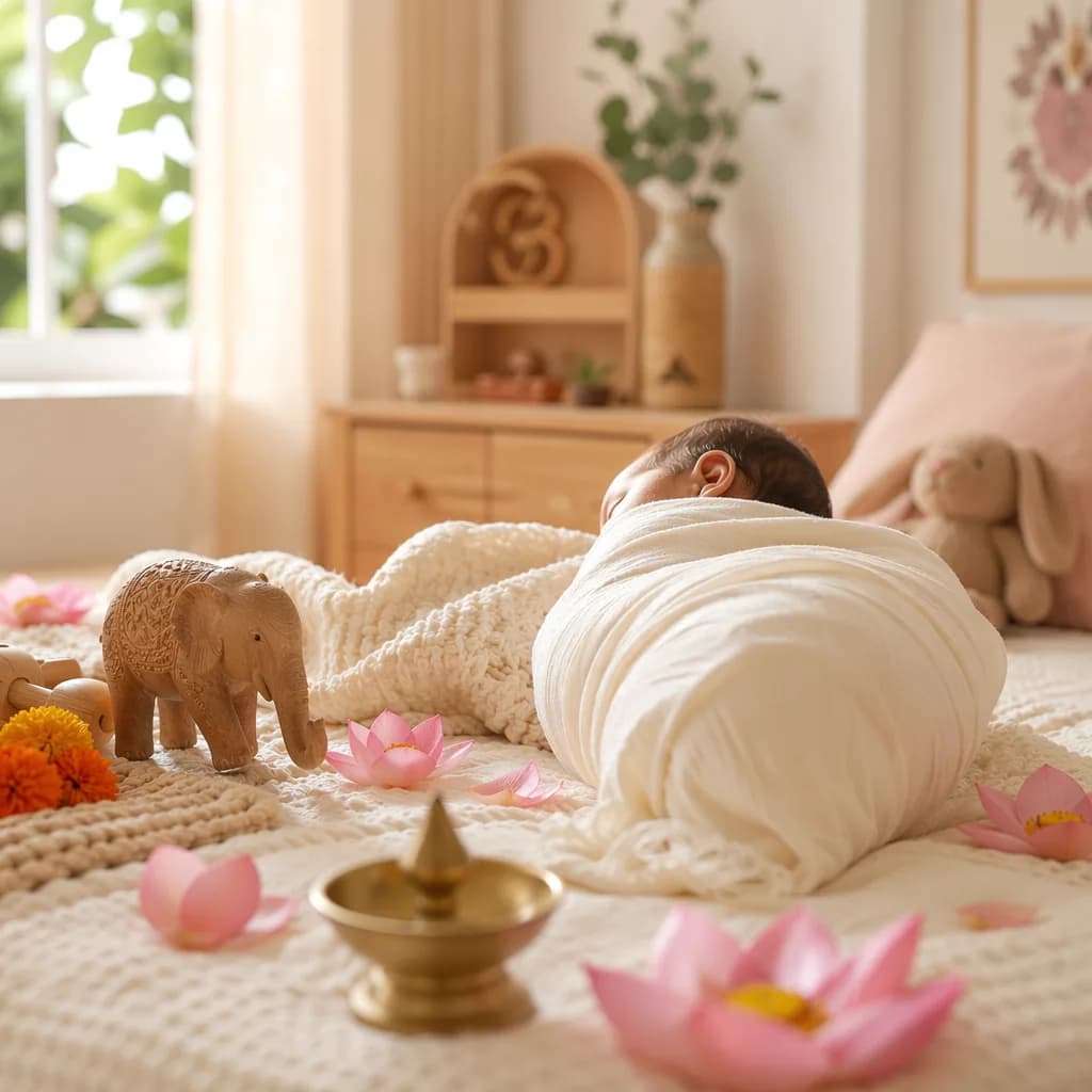 A softly lit nursery with a swaddled sleeping baby and gentle Hindi-inspired decor.