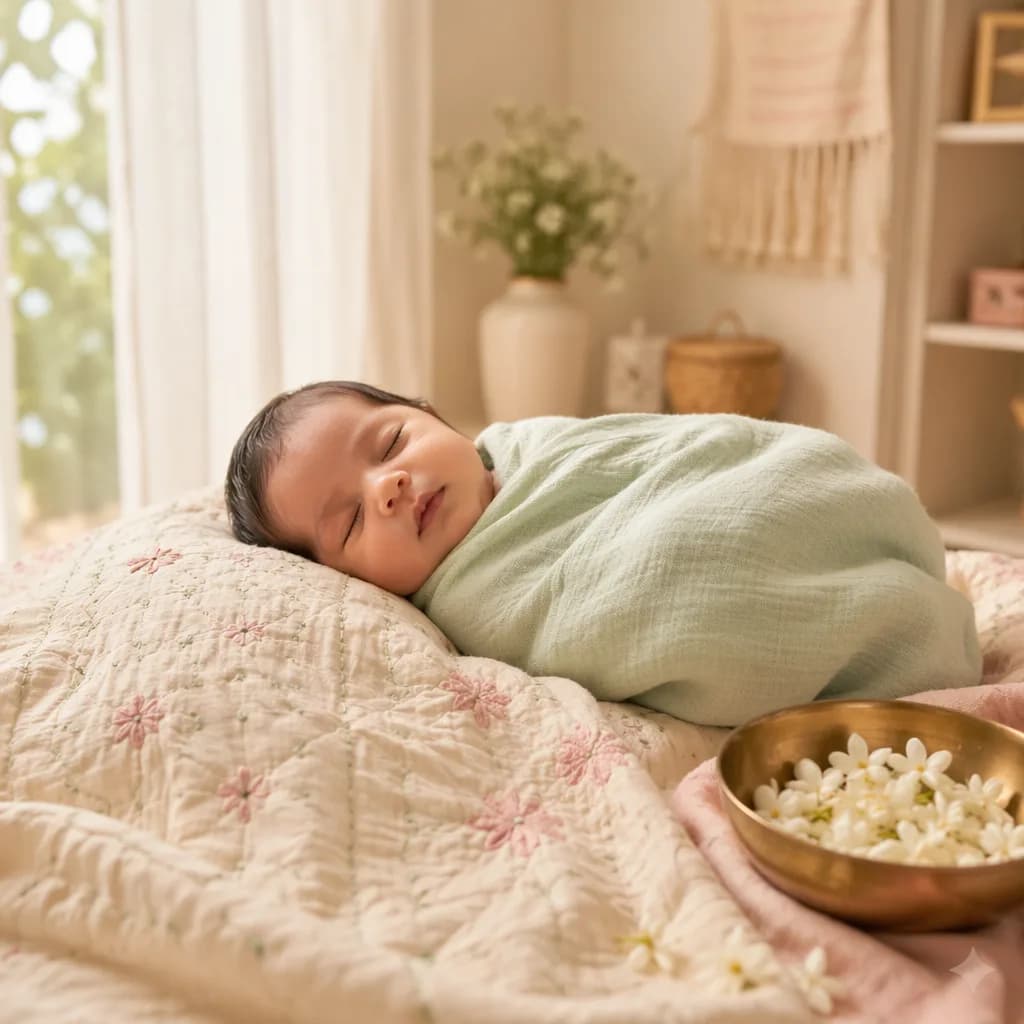 Sleeping Bengali newborn in a soft pastel nursery with jasmine flowers and a kantha quilt.