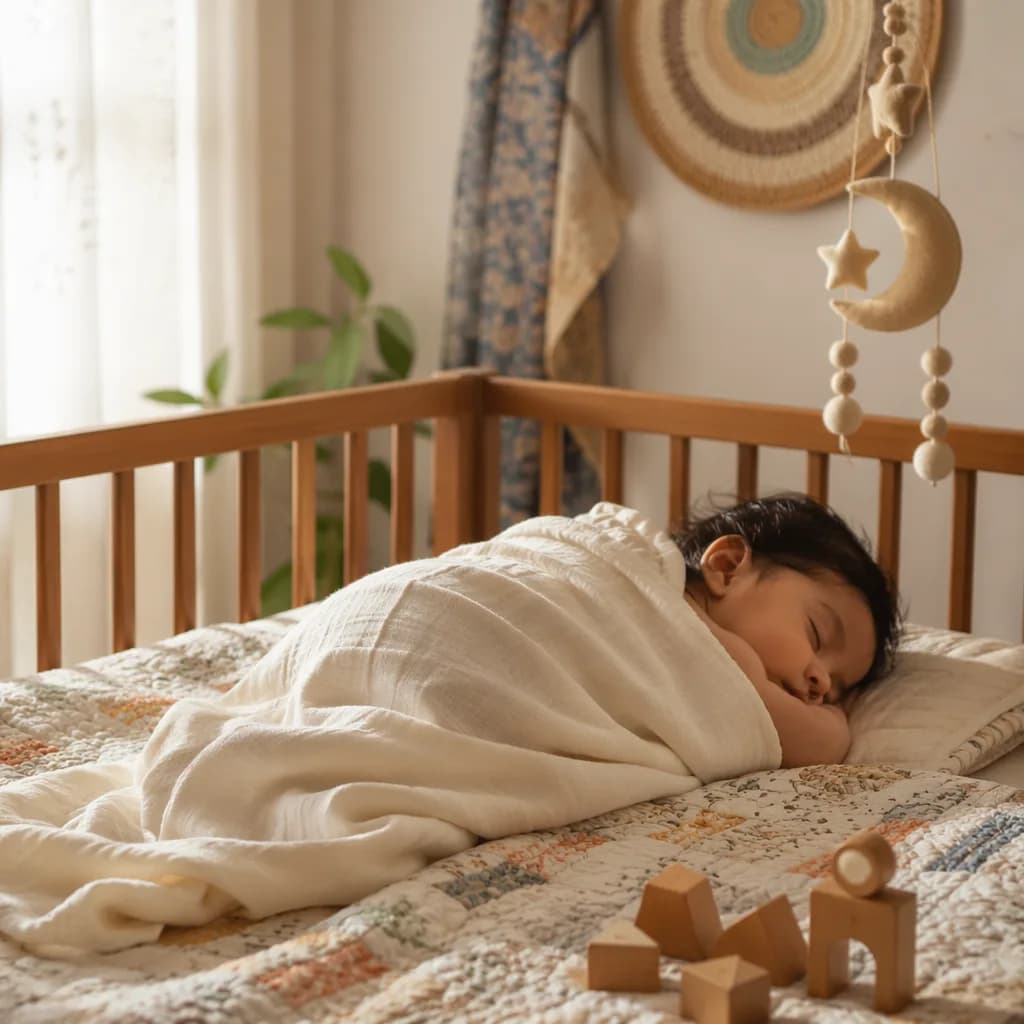 A peaceful Bengali baby sleeping in a soft pastel nursery with a crescent-and-star mobile.