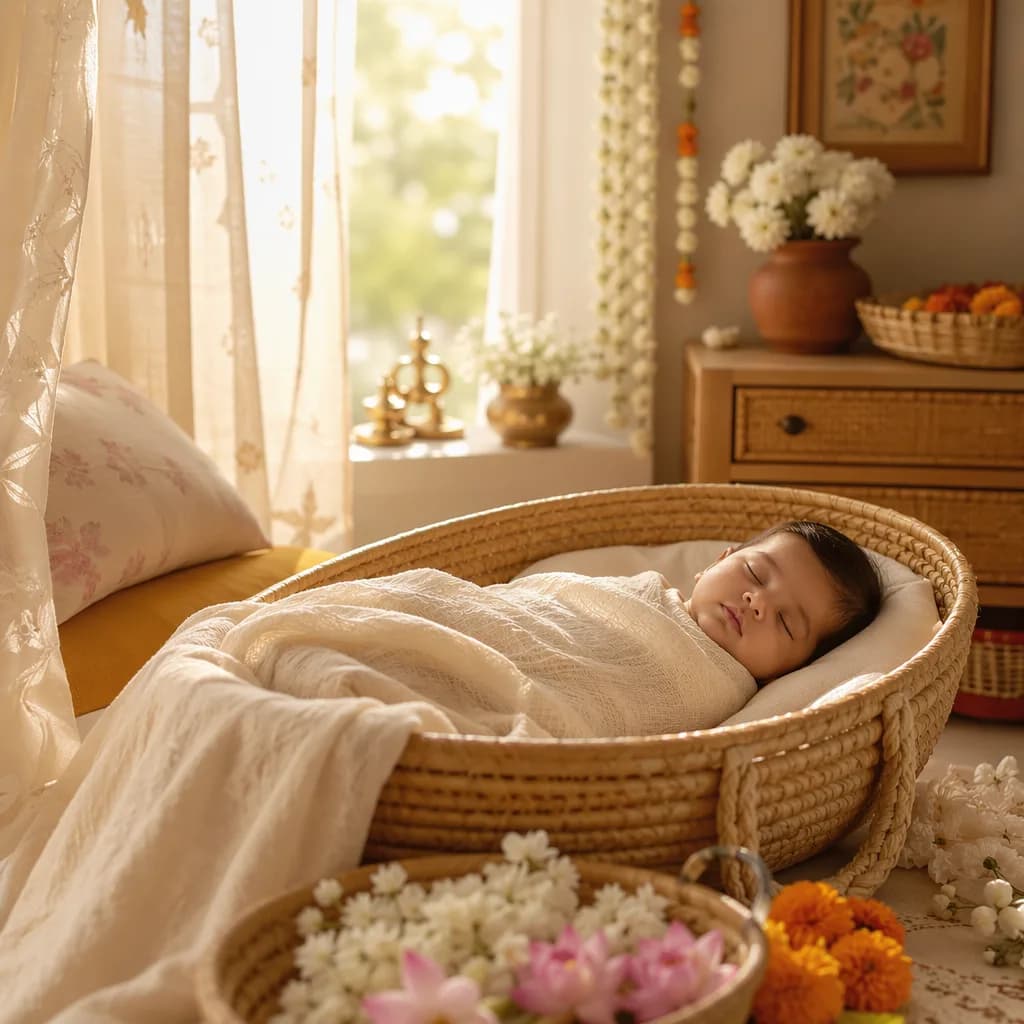 A softly lit Bengali-inspired nursery with a peacefully swaddled sleeping baby.
