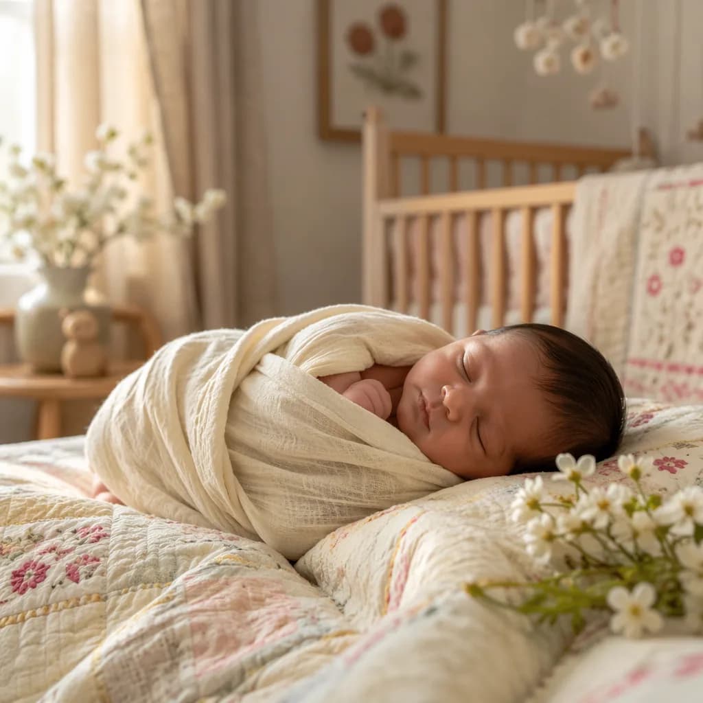 Peaceful swaddled Bengali newborn in a softly lit cozy nursery with pastel kantha details.