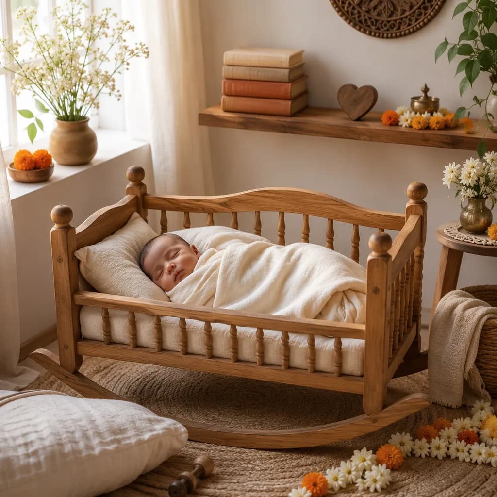 Peaceful baby in a soft pastel nursery with subtle heart and wisdom-inspired Sanskrit decor.