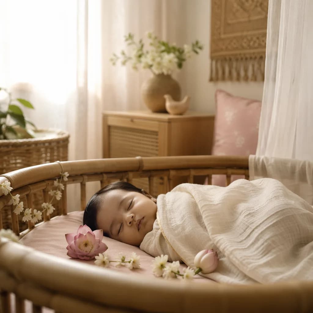 A peaceful pastel nursery with a sleeping baby, lotus accents, and soft natural light.