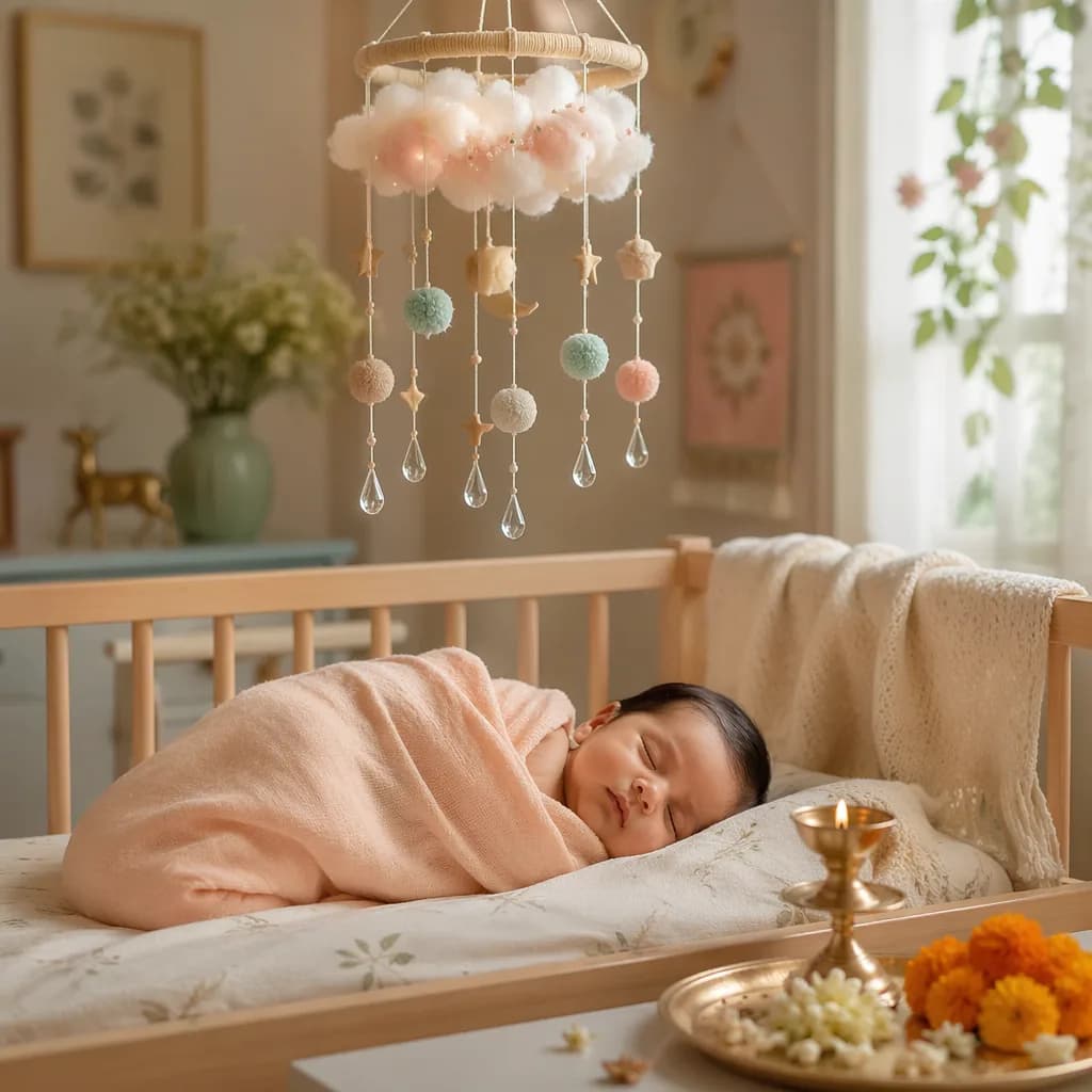 Sleeping baby in a soft pastel Indian-inspired nursery with celestial and floral accents.