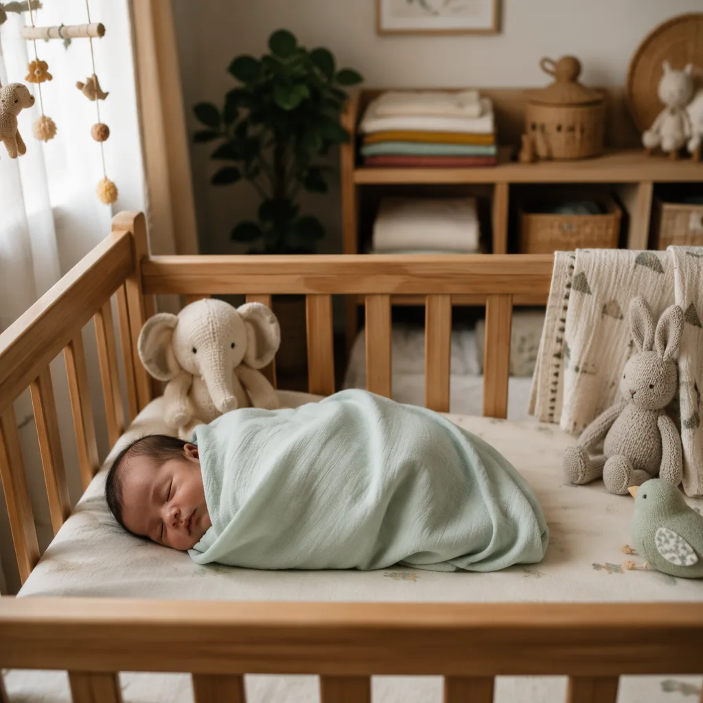 A sleeping baby in a soft pastel Bengali-inspired nursery with neatly arranged blankets and toys.