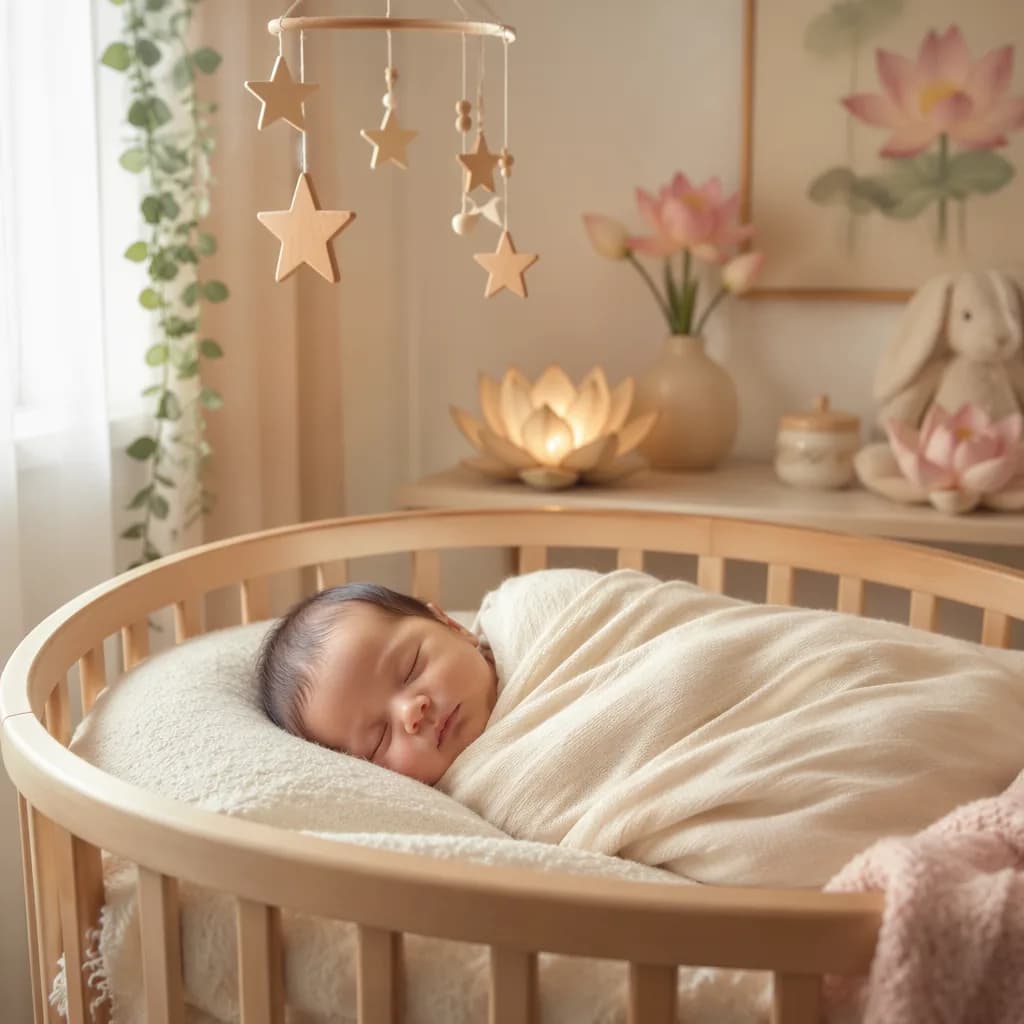Sleeping newborn in a soft pastel nursery with star and lotus-inspired decor.