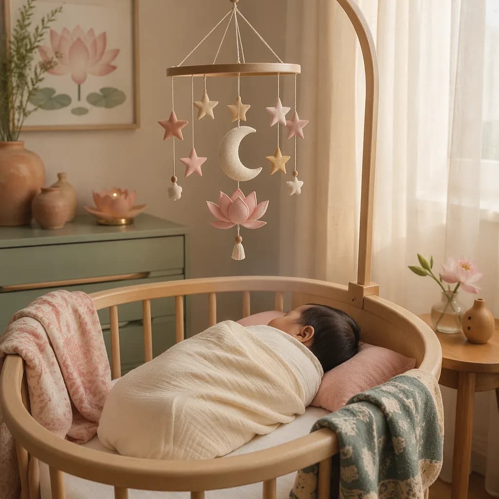 Sleeping baby in a soft pastel nursery with star mobile and gentle Indian-inspired accents.