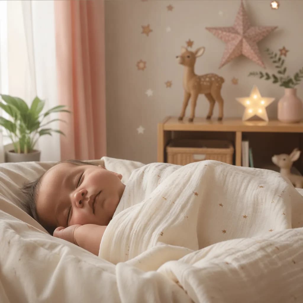 Soft pastel nursery with a sleeping baby, star decor, and a wooden deer figurine.