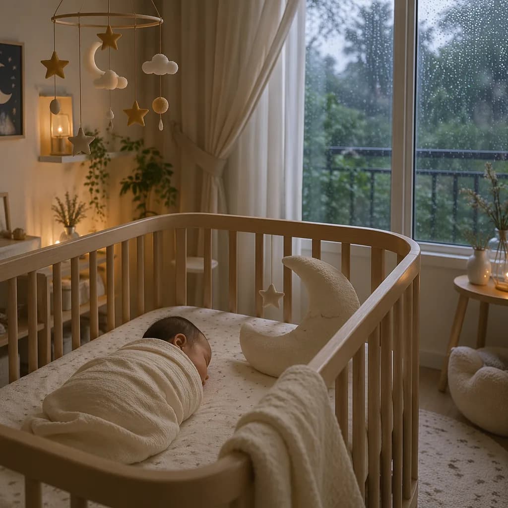 A peaceful pastel nursery with a swaddled baby, star mobile, and soft rainlit window.